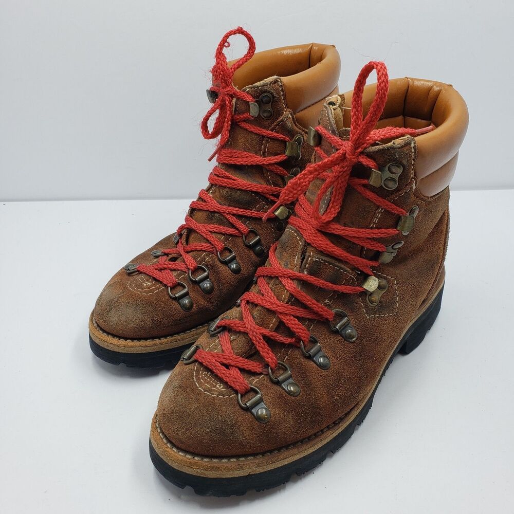 Vintage Brown Leather Hiking Boots Vibram Sole Red Laces Mens 5.5 Womens 7